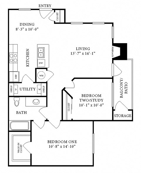 Floor plan for 2 beds, 1 bath, 910 sqft